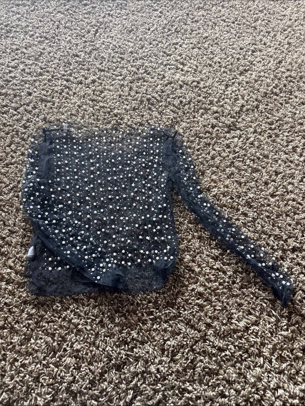 Black Sheer Pearl-Embellished Long Sleeve Top